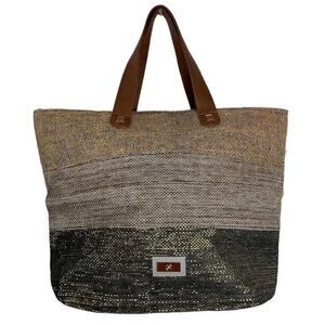 Aguaclara Large Bag Weaved Tote Green Beige Beach Bag Faux Leather Strap